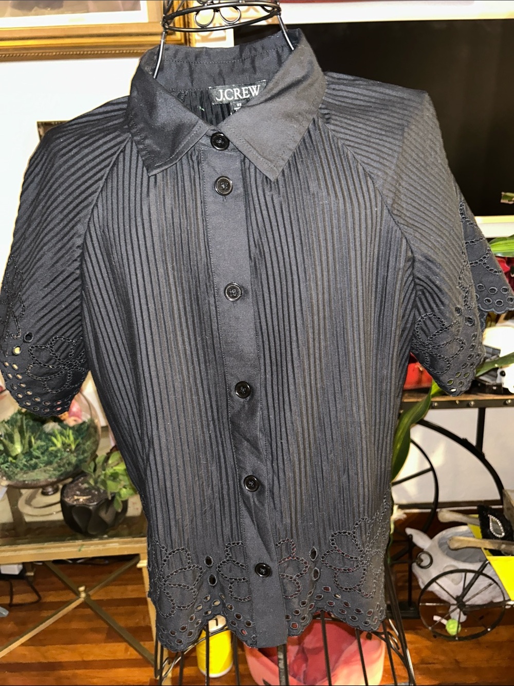 J. Crew Black Short-Sleeve Button-Down Shirt with Eyelet Hem